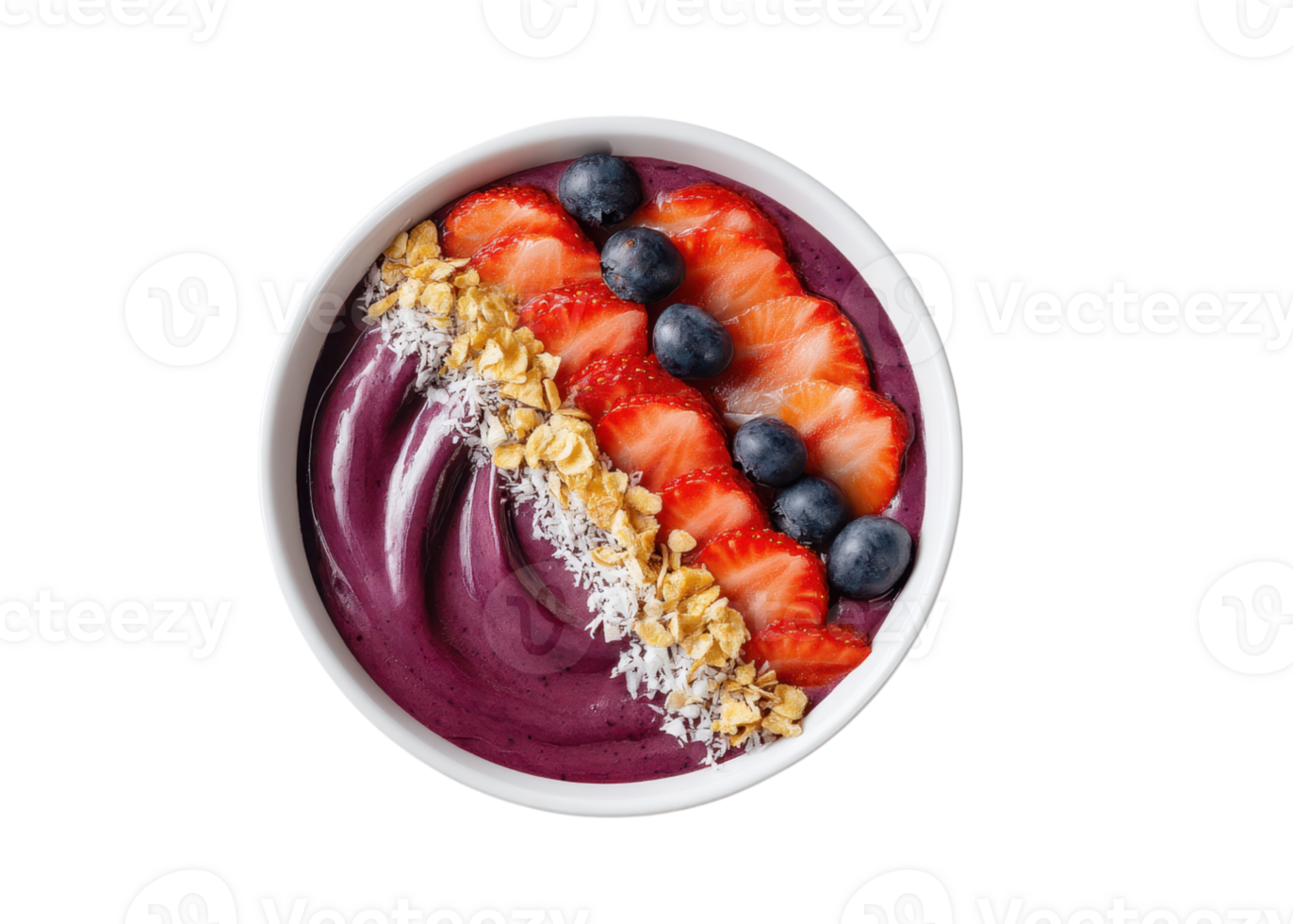 Acai bowl topped with strawberries, blueberries, granola, and shredded coconut, isolated on transparent background. Healthy, Breakfast, Vegan. png