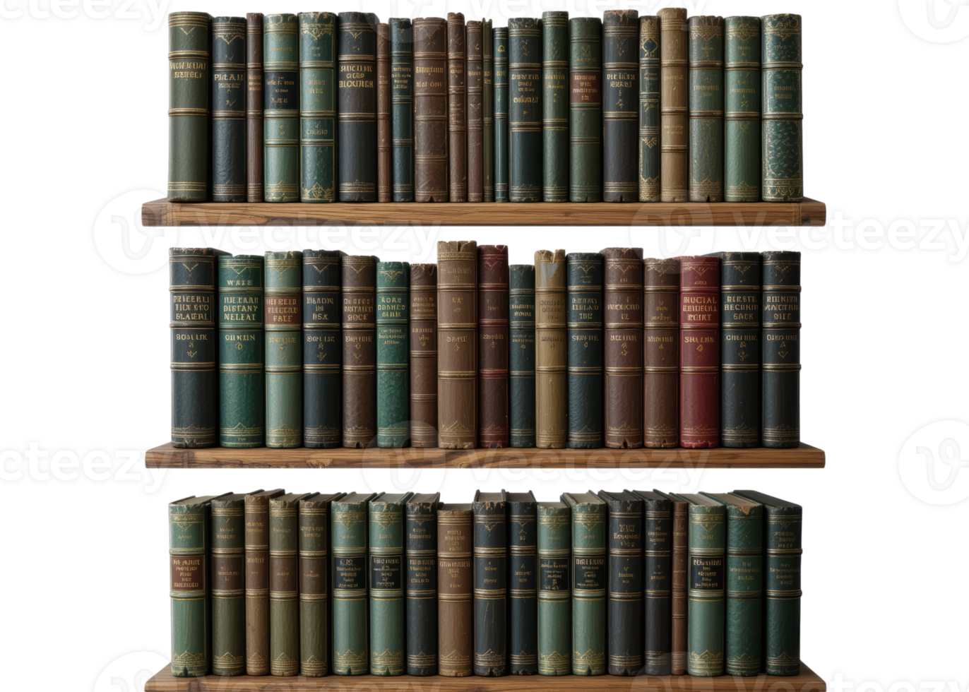 Three wooden shelves filled with many old antique books, isolated on transparent background, library, knowledge, history. png