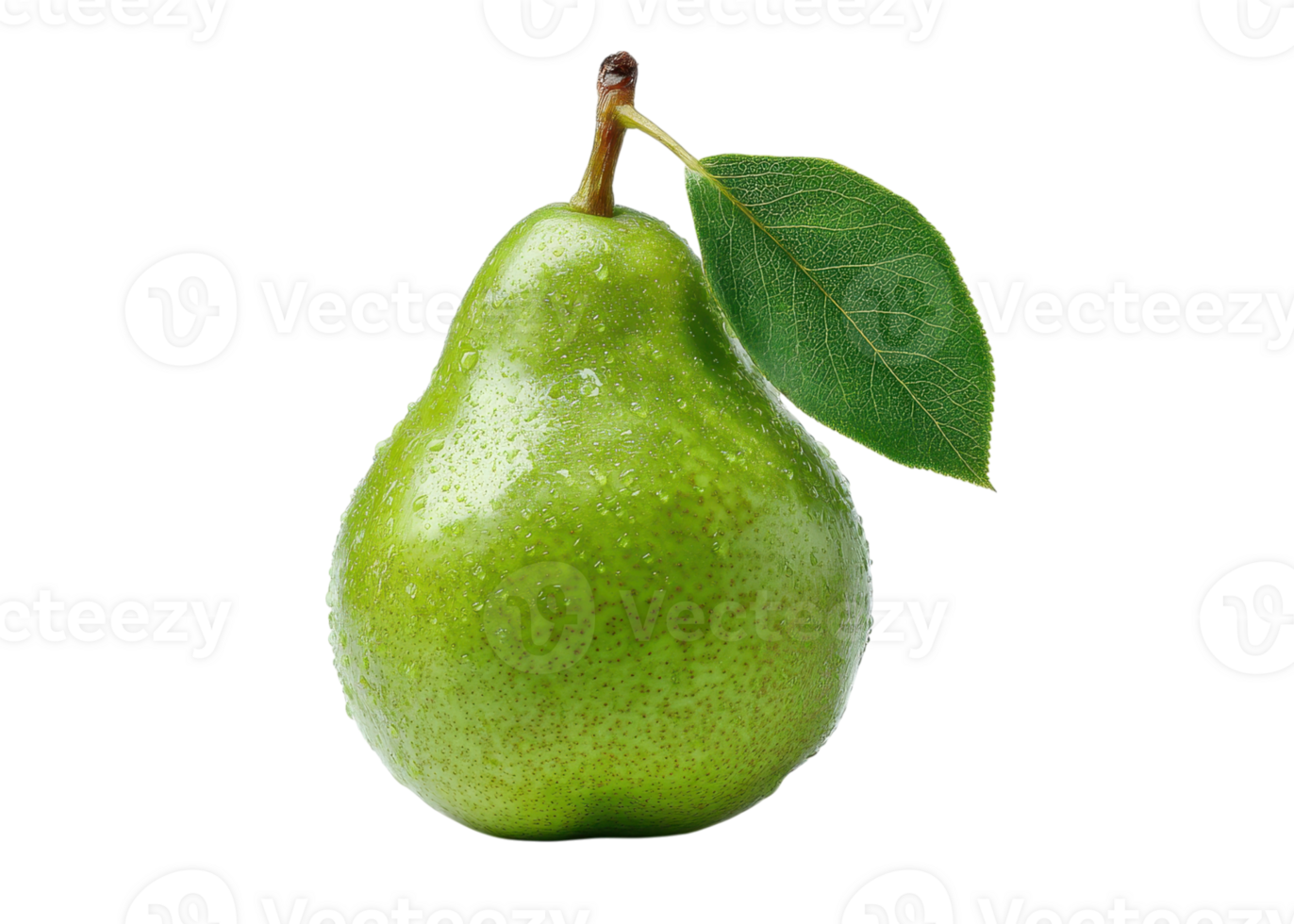 Green pear with leaf and water droplets isolated on transparent background, fruit, healthy eating, freshness. png