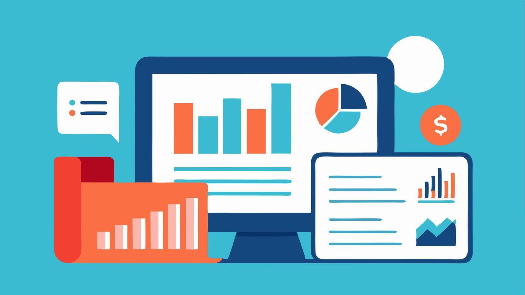 An illustration of cluttered paper bank statements cascading down versus a sleek digital dashboard displaying financial summaries and graphs on a tablet screen.. vector