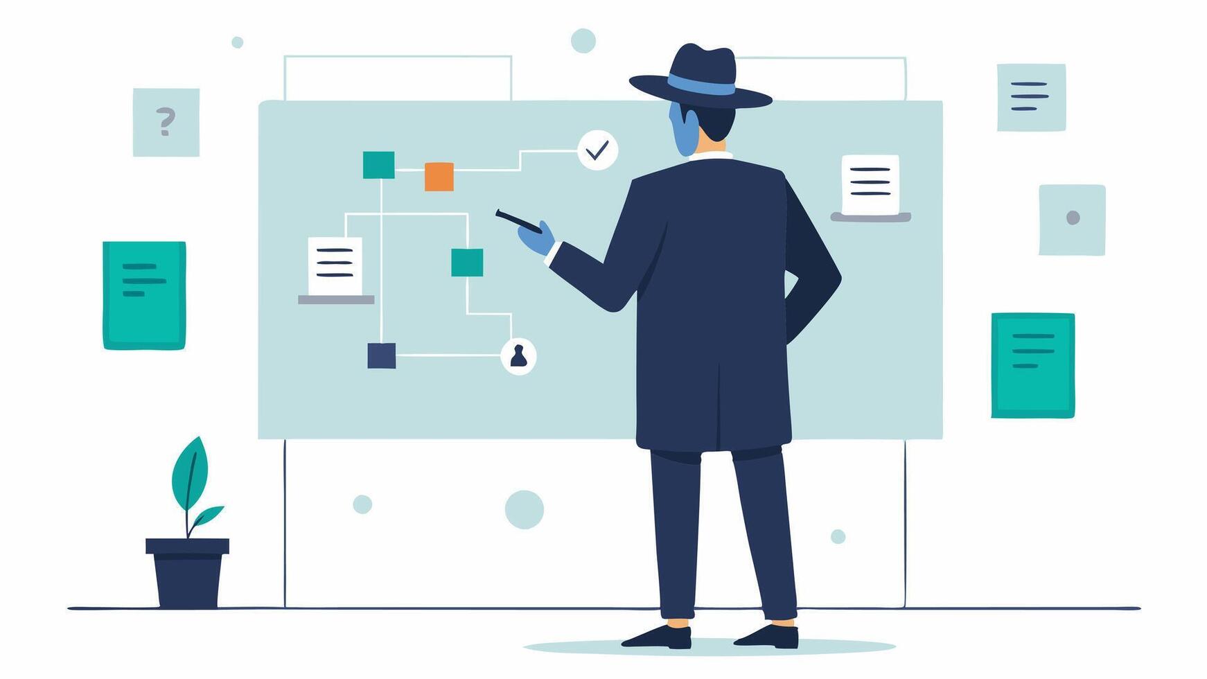 Connecting the Dots on a Whiteboard At an office space the detective stands before a whiteboard covered in clues and connections using a marker to add new information.. vector