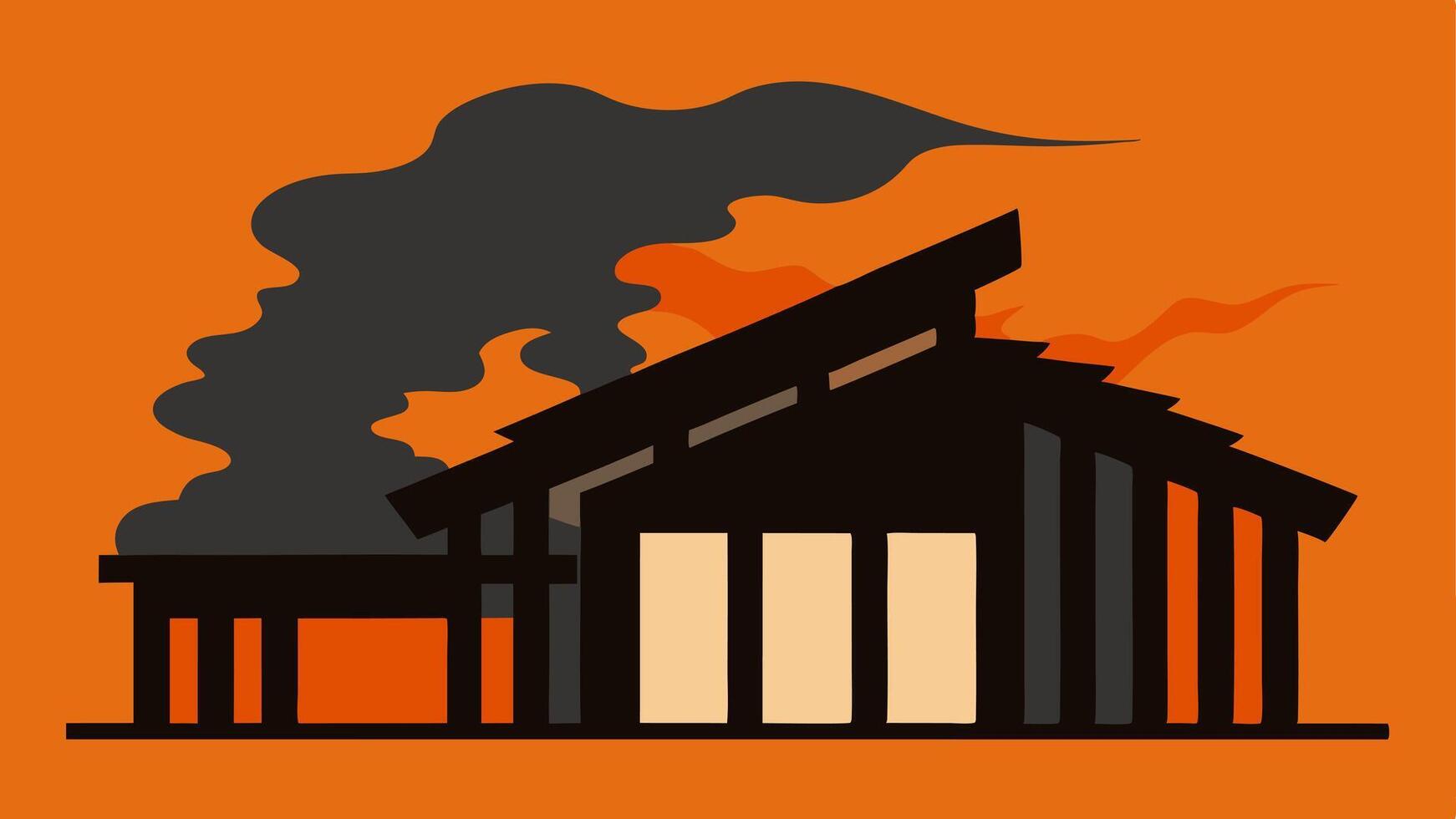 Burnt Structure A image showing a charred collapsed roof of a building with smoke rising from the ashes.. vector
