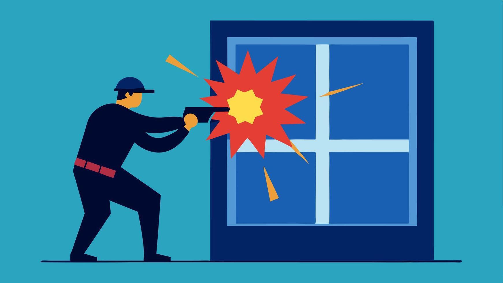 Flashbang Deployment An illustration of an officer throwing a flashbang grenade into a window to distract the armed criminals inside. The explosion effects are illustrated with. vector