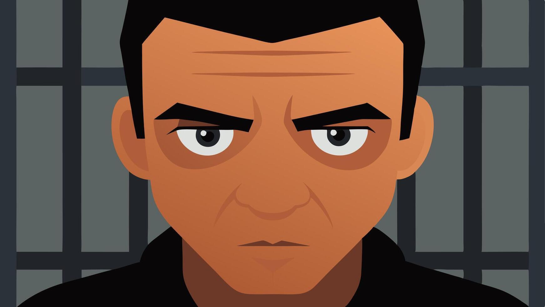 A closeup of the prisoners face showing a furrowed brow and intense eyes as they contemplate their choices with the cell blurred in the background.. vector
