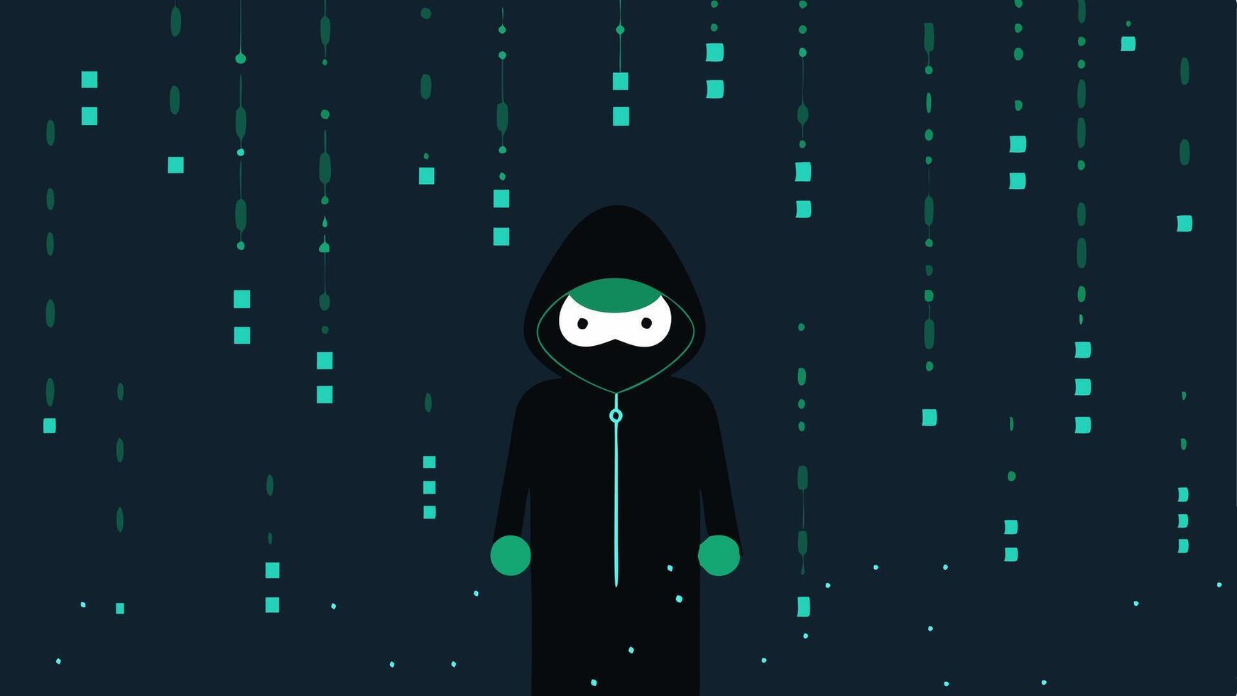 Binary Code Rain A backdrop of cascading binary code falling like rain with the hacker in front symbolizing the vast amount of data they are navigating.. vector