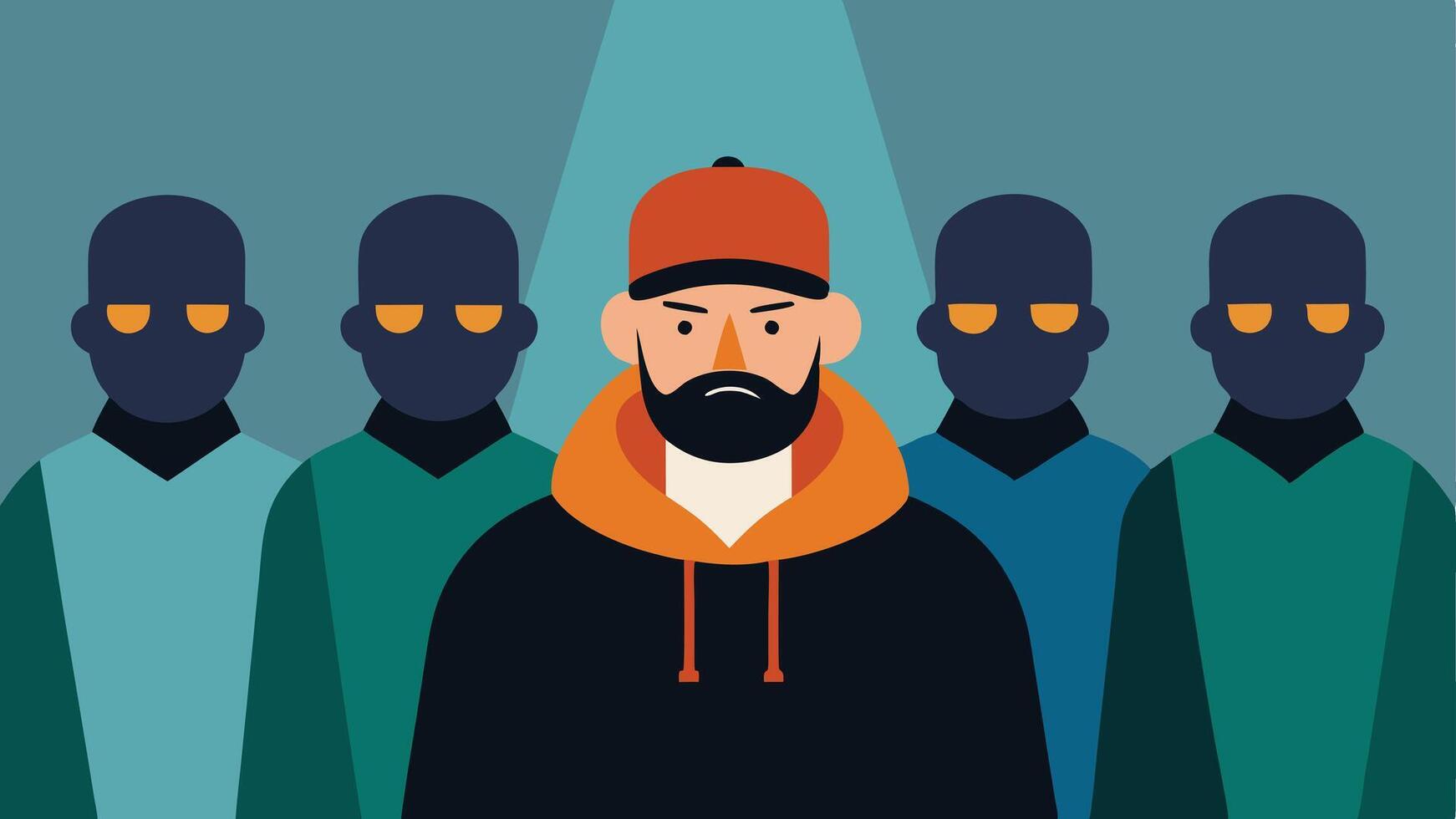 Dressed to Deceive An illustration of an undercover officer in casual streetwear blending in with a group of criminals while subtly communicating with their team via a small. vector