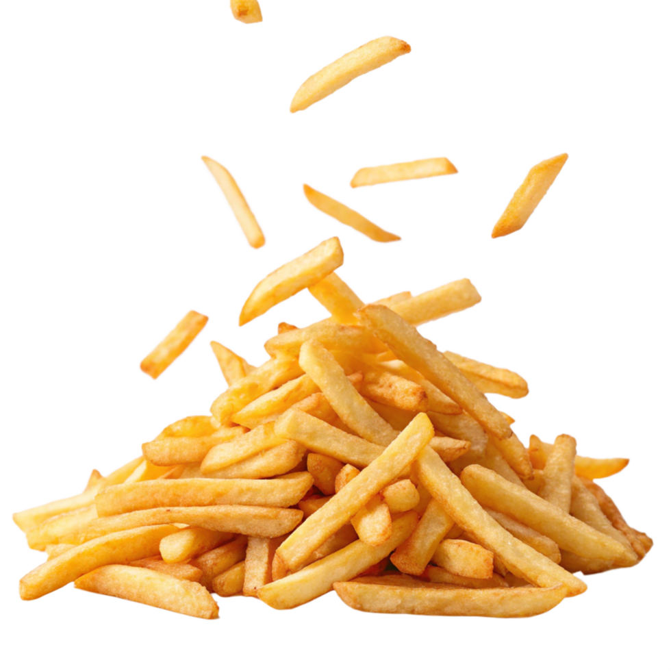 Golden crispy fries served hot on transparent background, closeup of tasty fried potato snack for fast food meal png