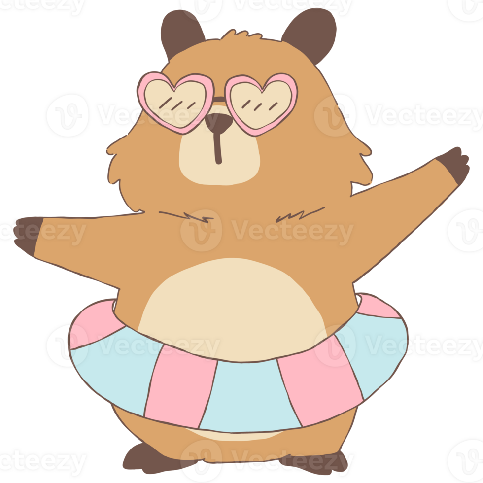 Cartoon Capybara wearing heart-shaped glasses and a blue and pink swim ring. hand drawn illustration clipart png