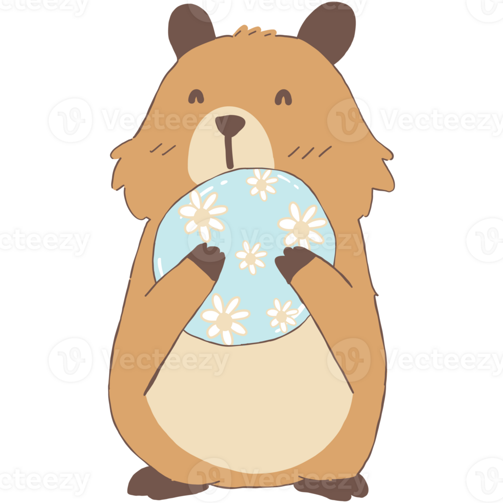 Capybara cartoon Standing holding a blue flower-patterned ball hand drawn illustration clipart doodle png