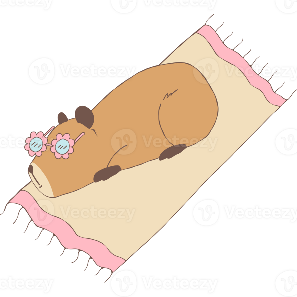 Capybara cartoon hand drawn Wearing pink floral-rimmed glasses and lying on a beach mat png