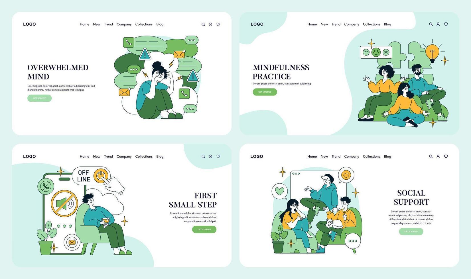 Mindfulness and Social Support Illustrated Set vector