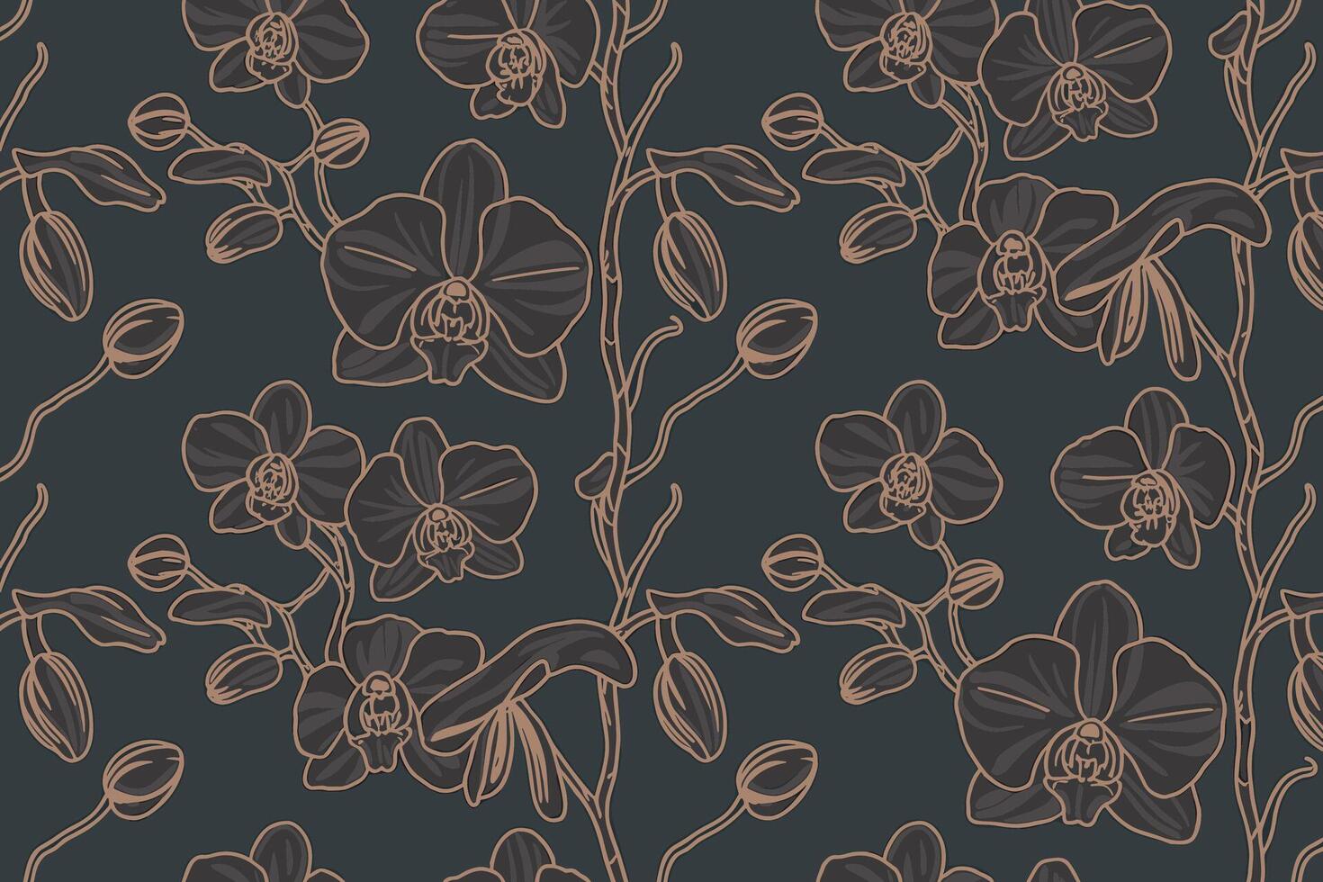 Elegant dark floral pattern with blooming orchids and buds vector