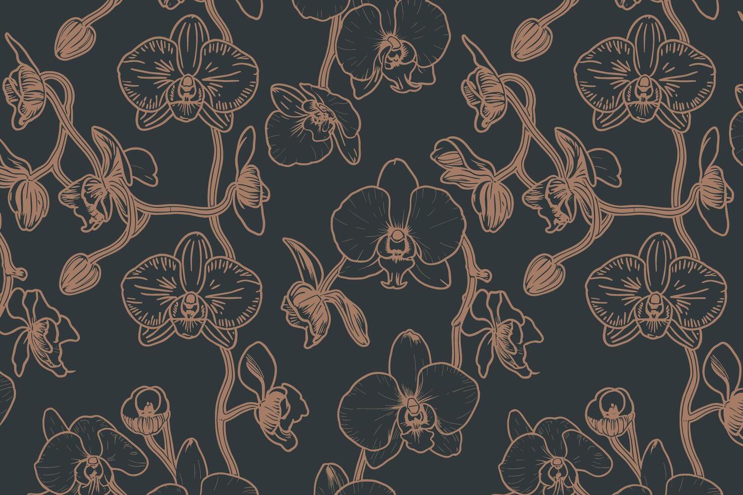 Elegant line art orchid pattern on dark background vector