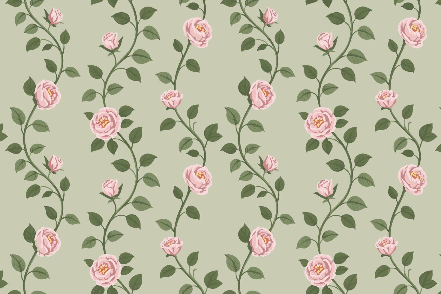 Seamless pattern of pink roses and green leaves on a muted background vector