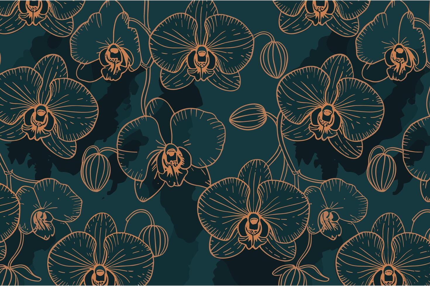 Elegant orchid flower pattern with copper outline on teal background vector