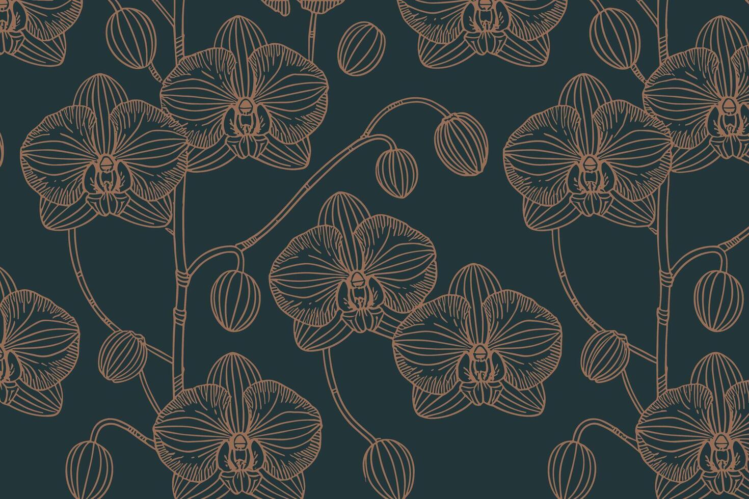 Elegant line art orchid pattern on a dark teal background vector