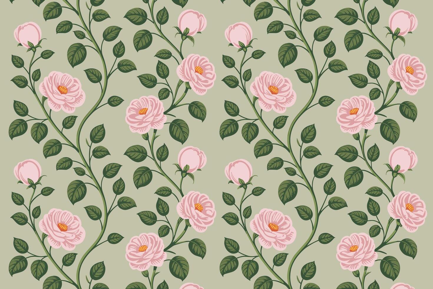A pattern with pink roses and green leaves vector