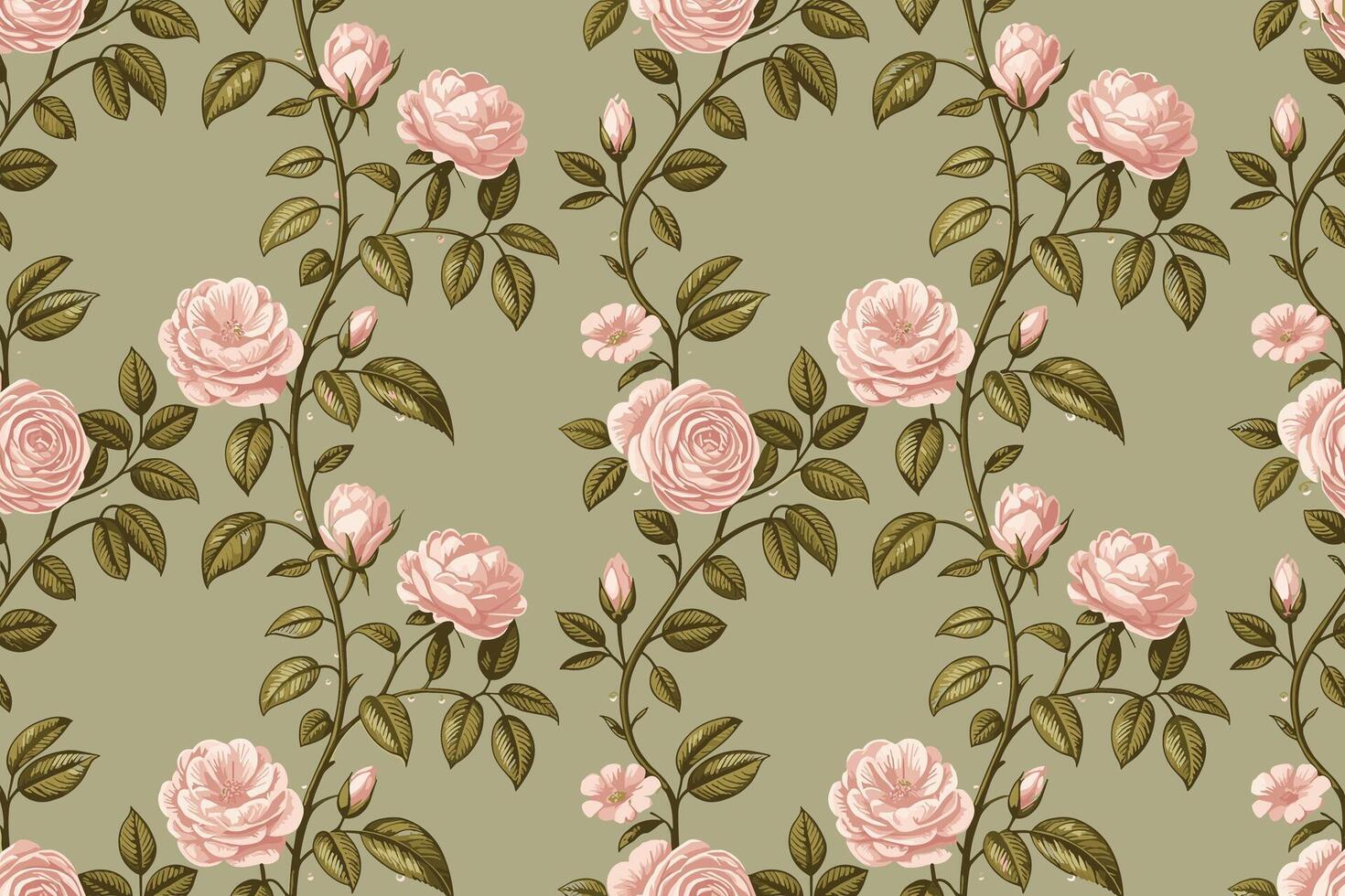 A pattern with pink roses on green background vector
