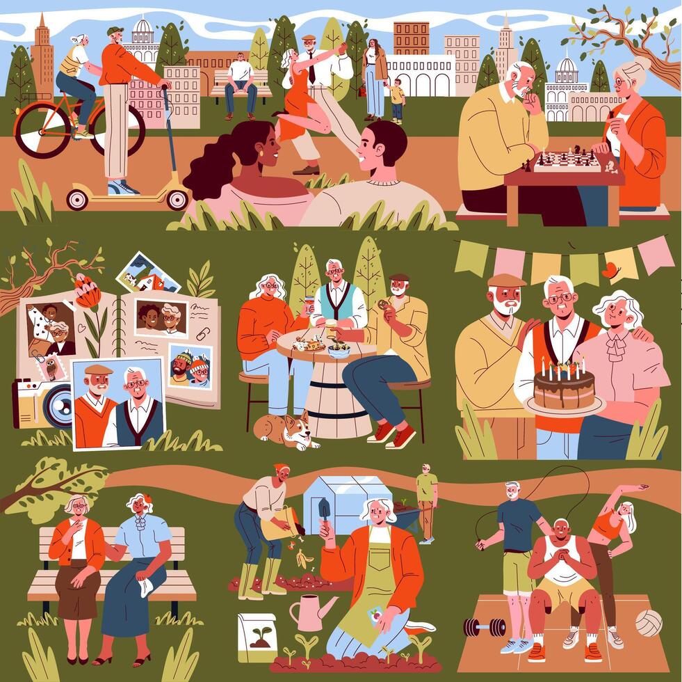 People enjoying various activities in a park vector