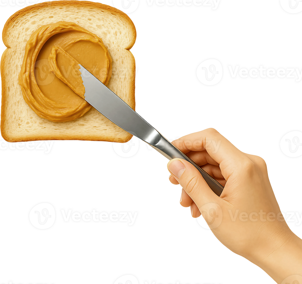 A person holding a knife and cutting a piece of bread with peanut butter png
