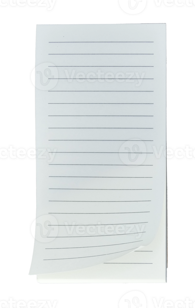 A blank notebook with a curved sheet of paper at the corner on transparent background png