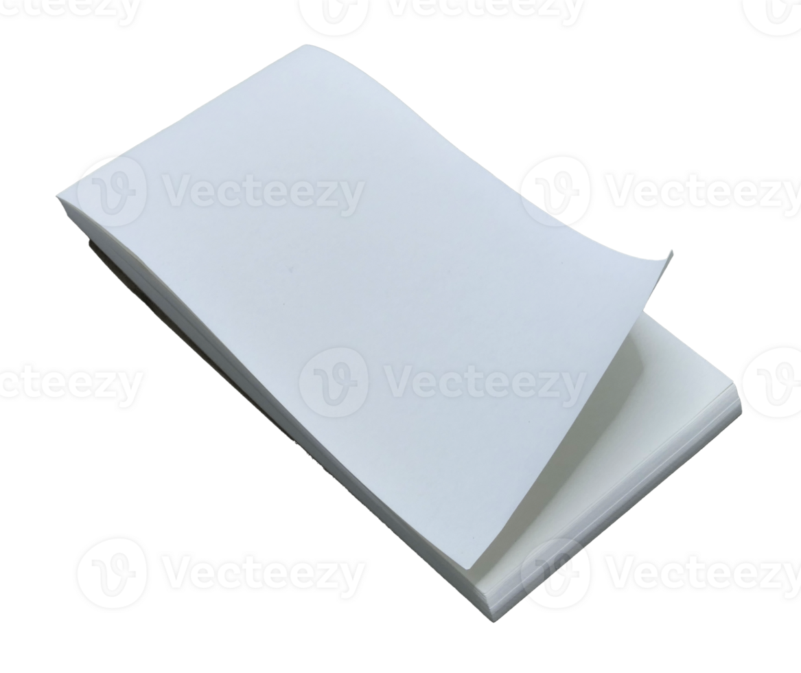 A blank notebook with a curved sheet of paper at the corner on transparent background . png