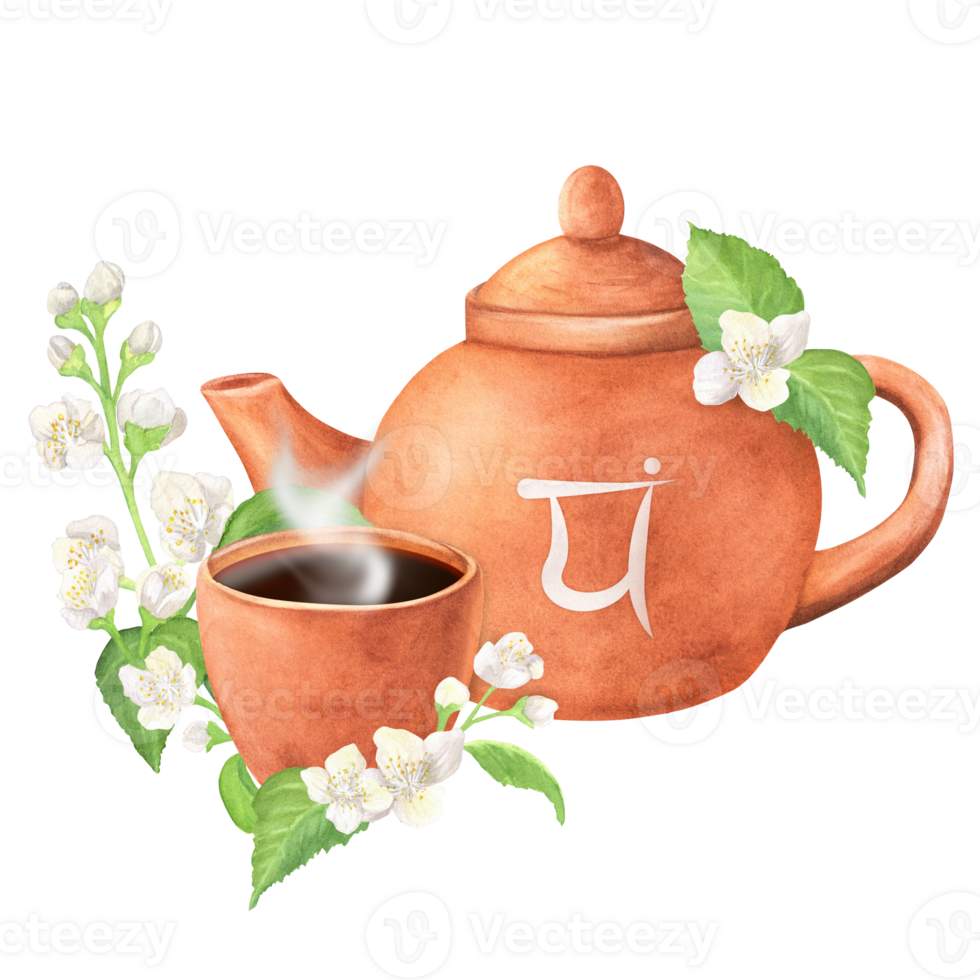Terracotta clay teapot and a teacup with hot tea and heart chakra symbol on Sanskrit. Elegant jasmine branchlets and sprigs with white flowers and green leaves. Hand-drawn watercolor illustration png