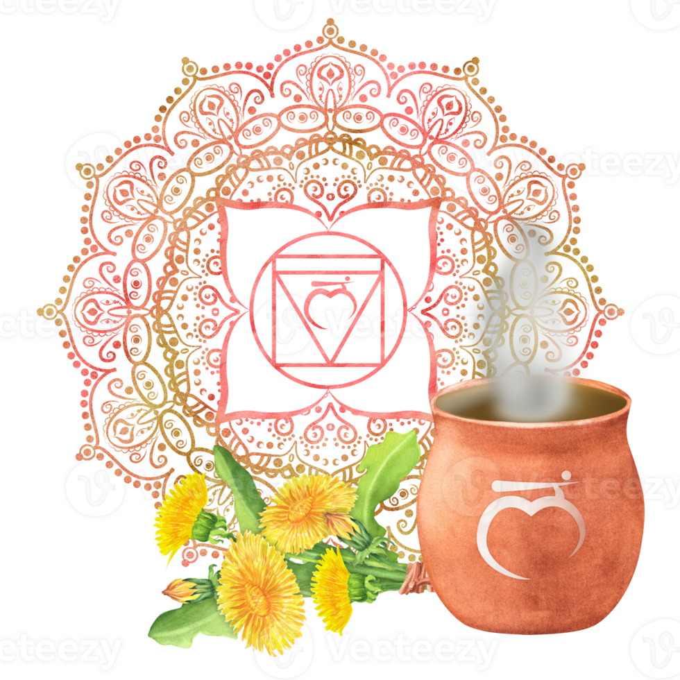 Watercolor Terracotta clay pot with hot herbal infusion or tea on and dandelion flowers and leaves. Golden red root chakra Muladhara with mandala. Hand-drawn illustration png