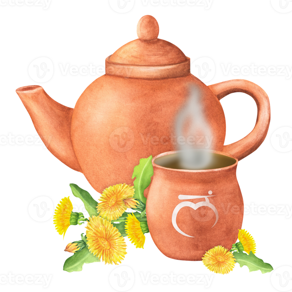Watercolor Terracotta clay teapot and cup with Sanskrit letters with hot herbal infusion or tea and dandelion flowers and leaves. Muladhara root chakra symbol. Hand-drawn illustration png