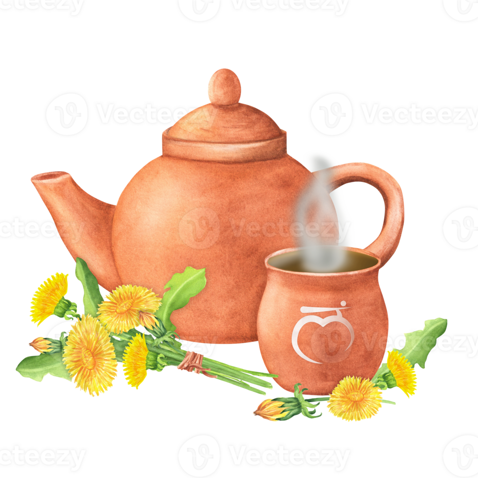 Watercolor Terracotta clay teapot and cup with Sanskrit letters of Root chakra and hot herbal infusion or tea in it. Dandelion bouquet and separated flowers and leaves. Hand-drawn illustration png