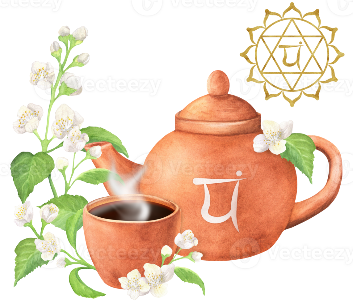Terracotta clay teapot and a teacup with hot tea and heart chakra symbol. Jasmine branchlets with white flowers and leaves. Golden heart chakra Anahata symbol. Hand-drawn watercolor illustration png