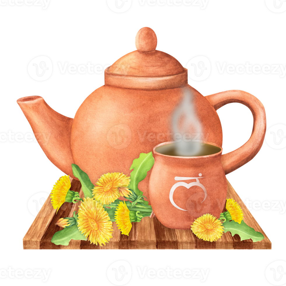 Watercolor Terracotta clay teapot and cup with hot herbal infusion or tea and dandelion flowers and leaves on wooden tray. Sanskrit symbol of root chakra. Hand-drawn illustration png