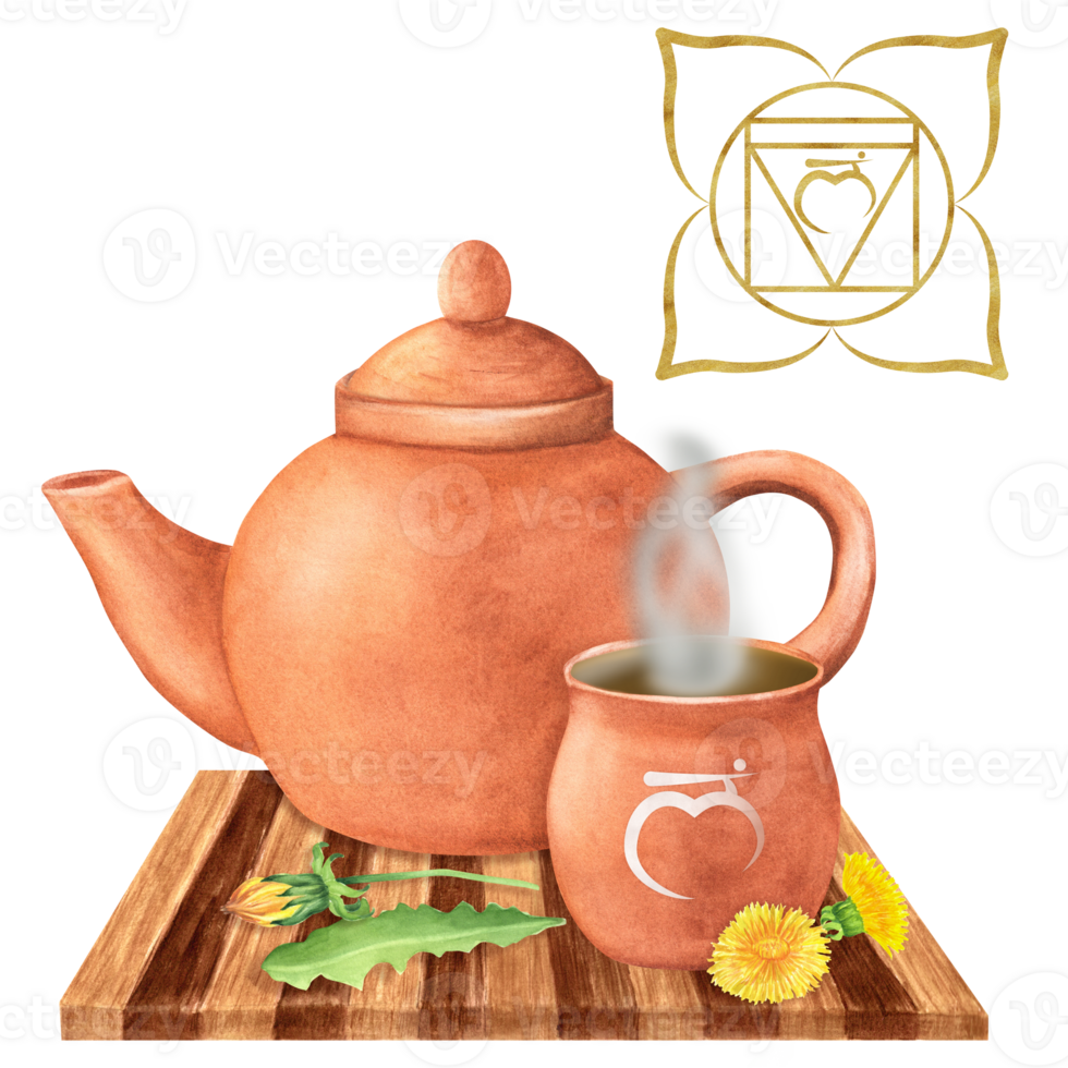 Watercolor Terracotta clay teapot and cup with hot herbal infusion or tea and dandelion flowers and leaves on wooden tray. Golden symbol of root chakra. Hand-drawn illustration png
