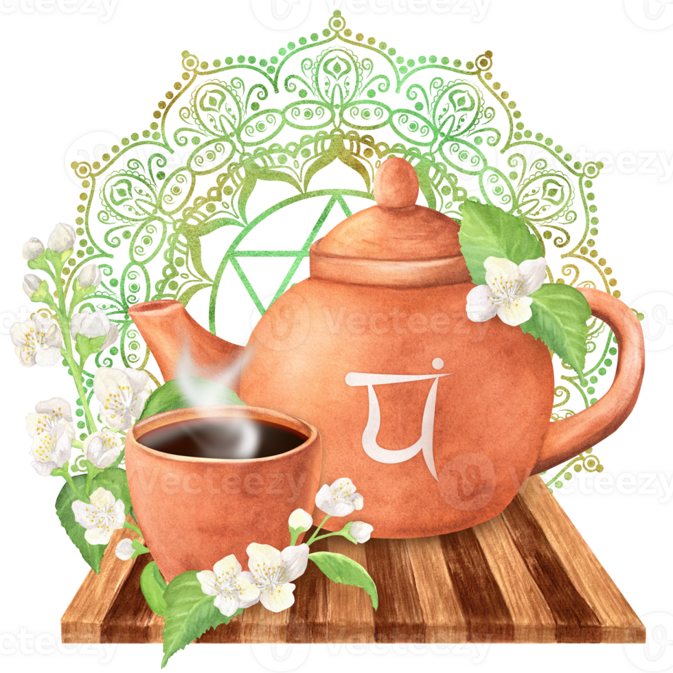 Terracotta clay teapot and a teacup with hot tea on a wooden tray and jasmine twigs with white flowers and leaves. Golden green heart chakra anahata with mandala. Hand-drawn watercolor illustration png