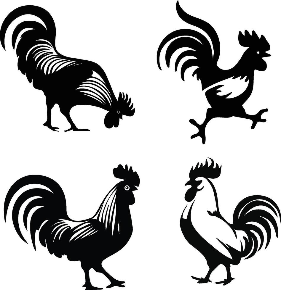 Set of minimalist silhouettes Illustrations of rooster vector