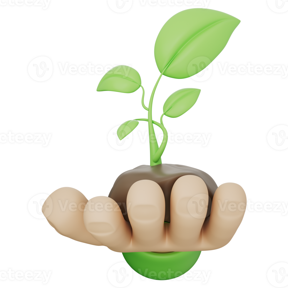 3D hand holding green seedling growing from brown soil representing eco friendly growth care sustainability nature environment energy life organic earth transparent background 3d illustration png