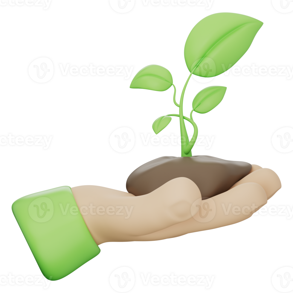 3d icon of hands holding green sprout in soil, representing sustainability, clean energy, and eco friendly concepts. Great for environmental projects on transparent background, 3d illustration png