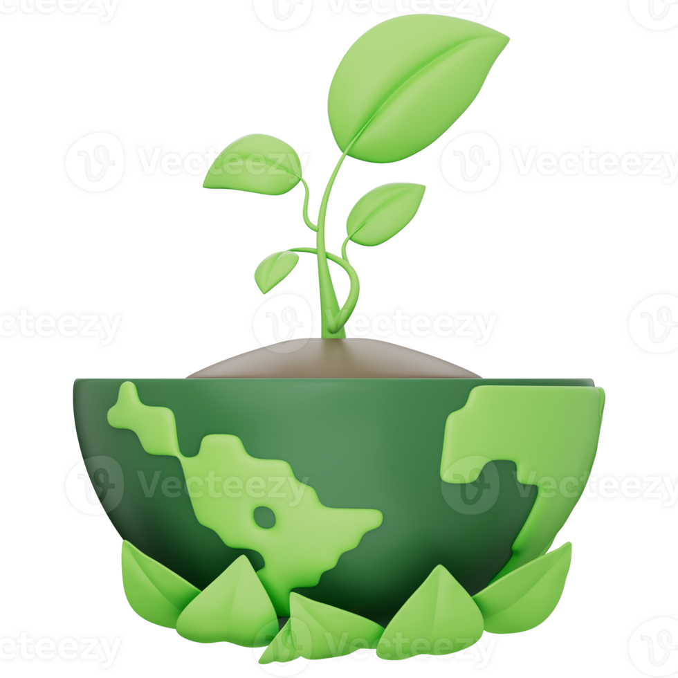 Earth with green leaves, seedling, sprout, and eco-friendly elements symbolizing sustainability, nature, renewable energy, earth day, eco concept. Transparent background, 3d illustration. png