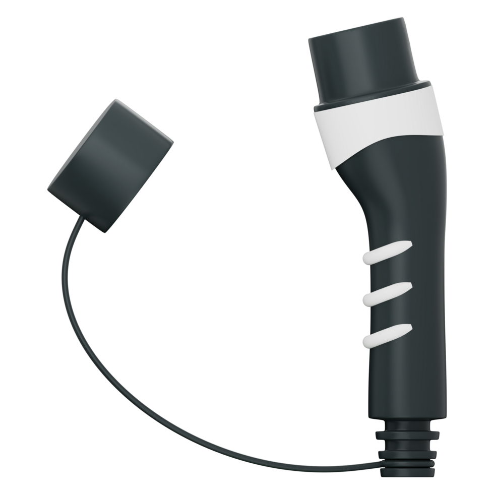Plug type 2 EV charger in black and white, charging station equipment, clean energy, electric vehicle, efficiency, green power, sustainable technology. Transparent background, 3d illustration. png