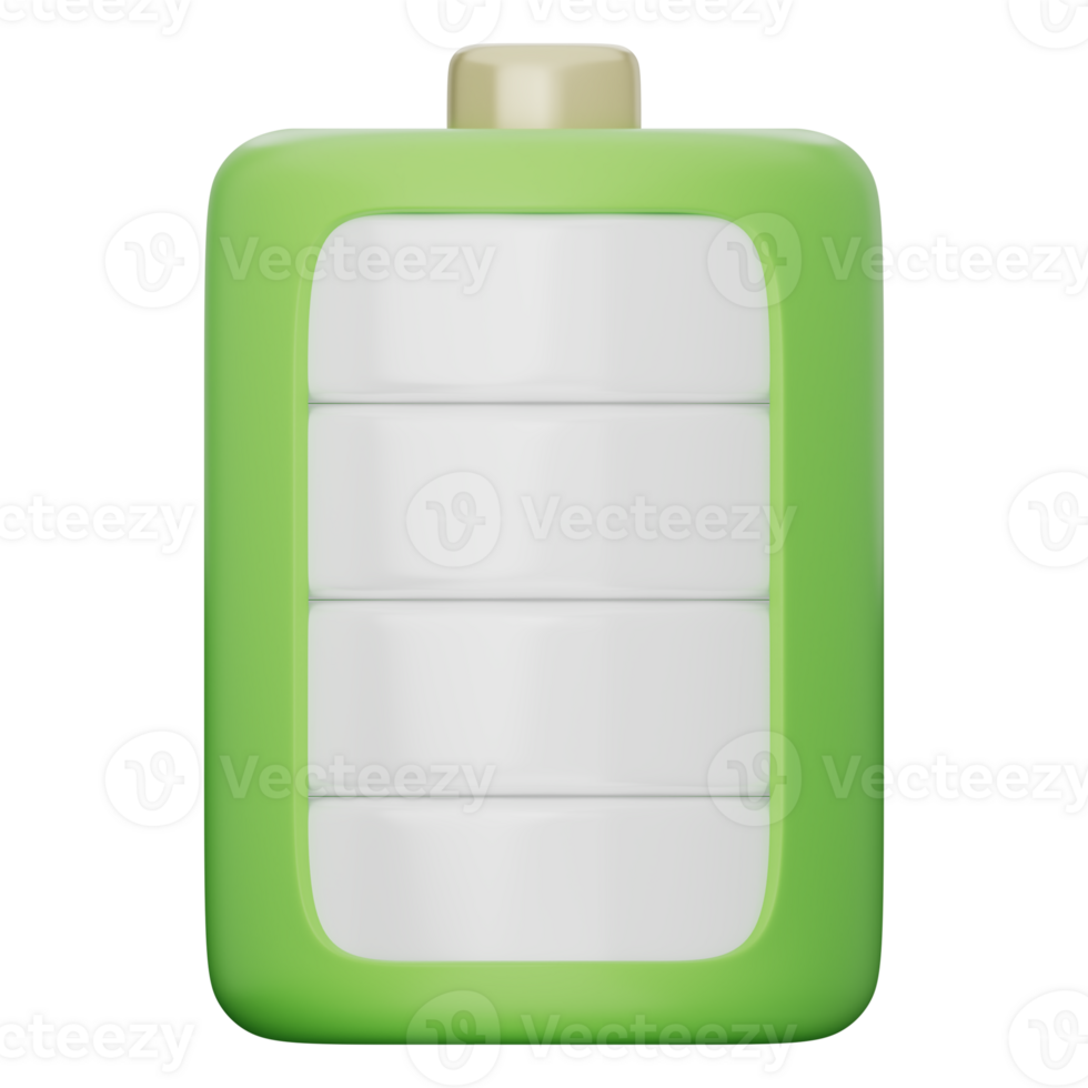 3D battery icon with white bars in a green frame and yellow top. Represents clean energy, full charge, and modern power. Perfect for apps and UI on a transparent background, 3d illustration. png