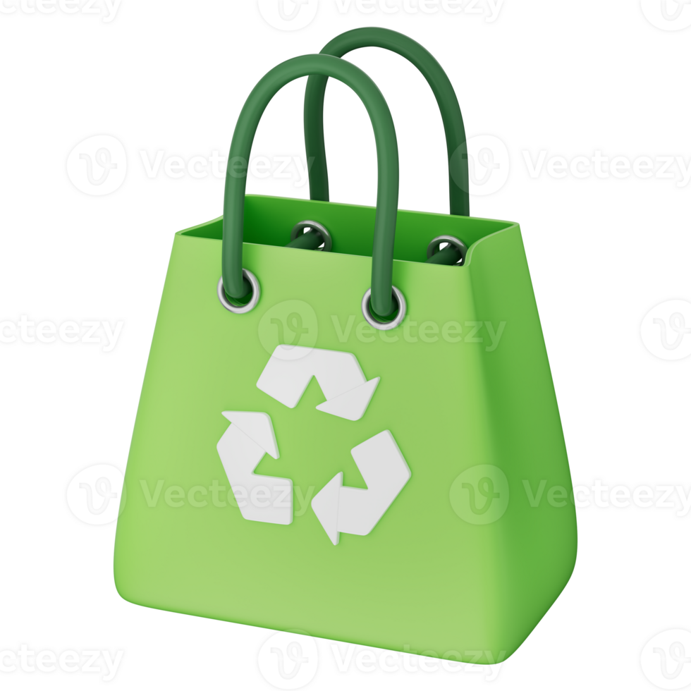 Green bag with recycle icon promotes eco friendly, reusable cloth bag, recycled plastic, waste solution, and sustainability for plastic recovery, 3d illustration png
