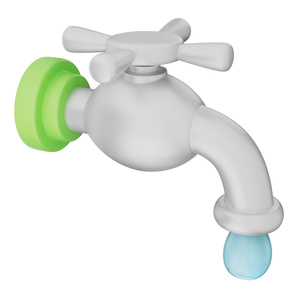 Water faucet with blue drop, clean flow, eco-friendly water saving, energy efficiency, and plumbing symbol. Suitable for conservation and hydration concept. Transparent background, 3d illustration. png
