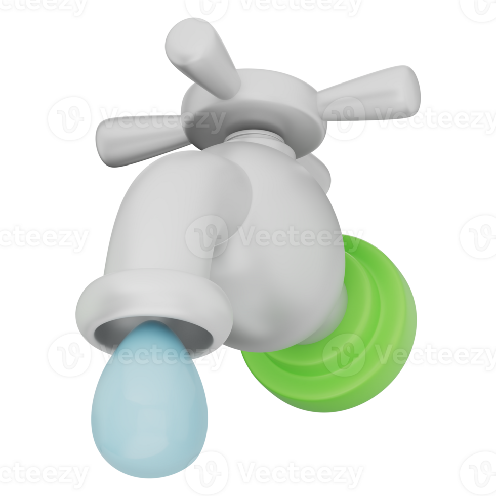 White faucet with flowing blue water drop representing water saving, clean flow, eco friendly usage. Green handle on transparent background, perfect for eco icon, plumbing concept, 3d illustration. png