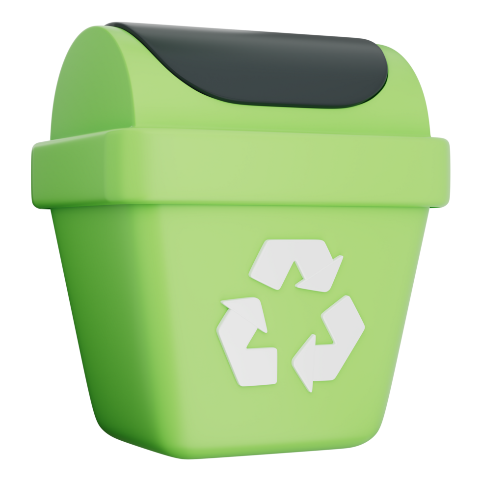 Recycle bin icon representing waste sorting, trashcan, garbage disposal, plastic recycling, sustainability, green concept, eco-friendly, environmental care. Transparent background, 3d illustration. png