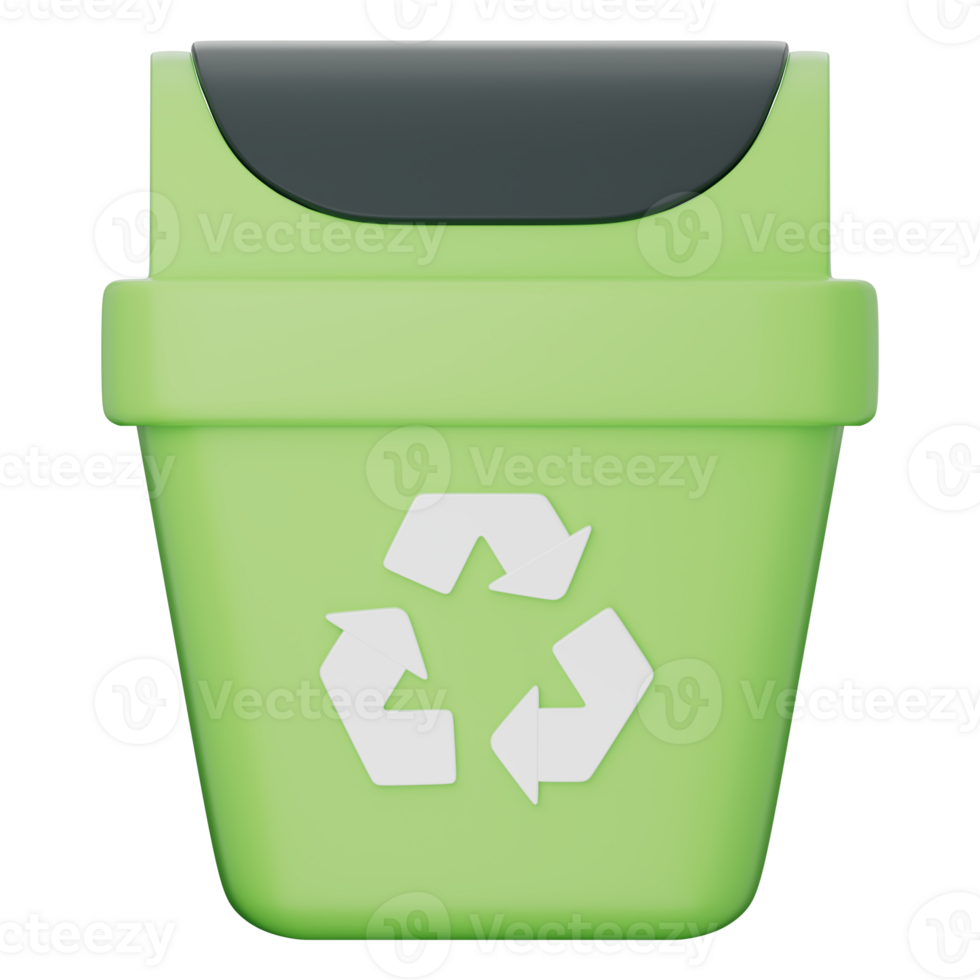 Recycling bin in bright green with a white recycle symbol on the front. Features black wheels and top lid. Represents recycling, sustainability, eco awareness. Transparent background, 3D illustration. png