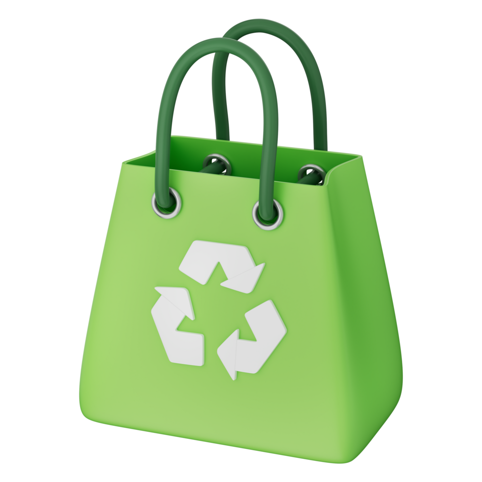 Green bag with recycle icon promotes eco friendly, reusable cloth bag, recycled plastic, waste solution, and sustainability for plastic recovery on white background, with clipping path 3d illustration png
