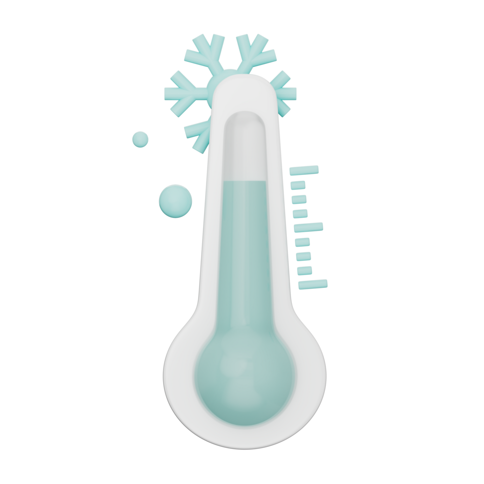 Thermometer with icy blue scale showing low temperature, symbolizing cold weather, winter chill, frost, and freezing concept. Great for UI, climate app, transparent background, 3d illustration. png