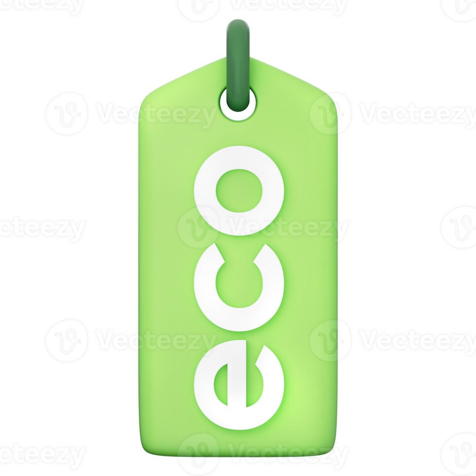 eco tag with green label and eco text, symbolizing renewable energy, clean technology, sustainable solution, and environmental responsibility on a transparent background, 3d illustration. png