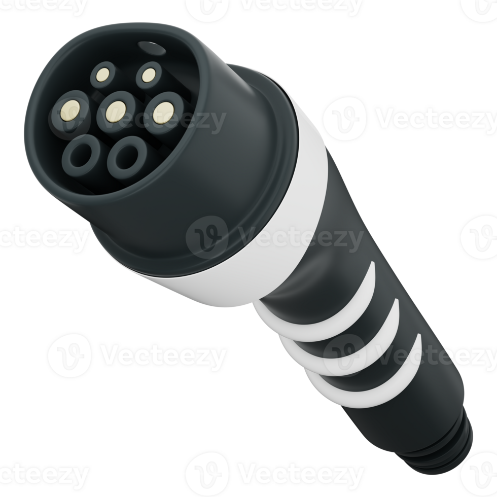 EV charging connector Type 2 for electric vehicles, designed for clean energy and future mobility. Black and white plug with multiple pins. Transparent background, modern 3d illustration. png