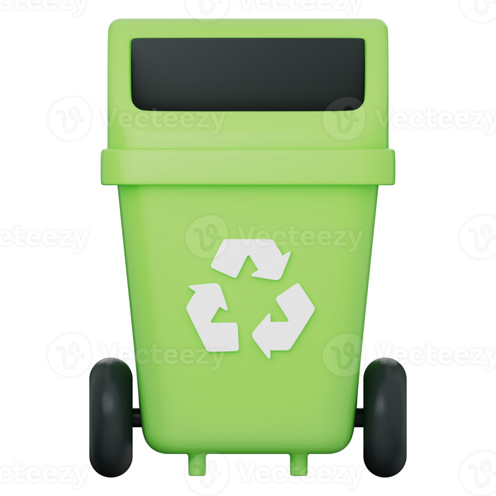 Green trash can for plastic waste disposal with recycle symbol, eco friendly dustbin, rubbish segregation, and waste management promoting sustainability on a transparent background, 3d illustration. png
